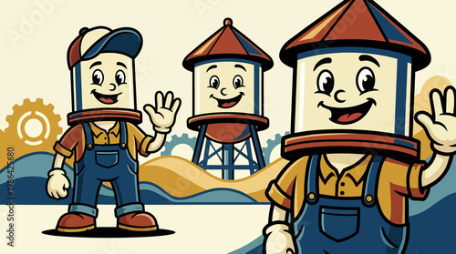 Cartoon water tower mascots wearing overalls waving cheerfully in retro style against a stylized landscape backdrop