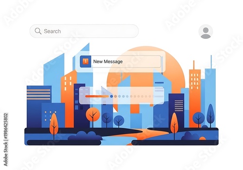 Colorful Modern City Skyline with Floating Chat Bubbles