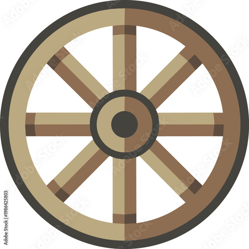 Cartoon wooden cartwheel with eight spokes design; rustic wagon wheel illustration in flat design beige and brown tones isolated against black background
