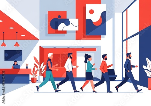 Colorful Modern Office Lobby with People Walking in