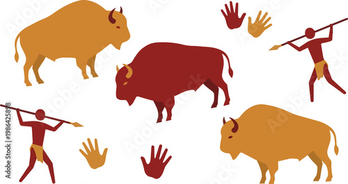 Cave painting style illustration of bison and hunter with spear prehistoric animal art in ochre and red tones tribal artwork on dark backdrop