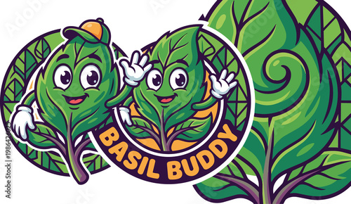 Cheerful basil leaf cartoon mascot character with a baseball cap and peace sign set against a decorative patterned backdrop