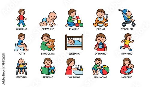 Young caucasian children engaging in various activities such as playing, eating, reading, and sleeping