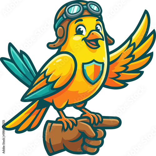 Cheerful cartoon bird wearing aviator goggles perched on a pointing hand illustration in vibrant yellow and orange tones on black background