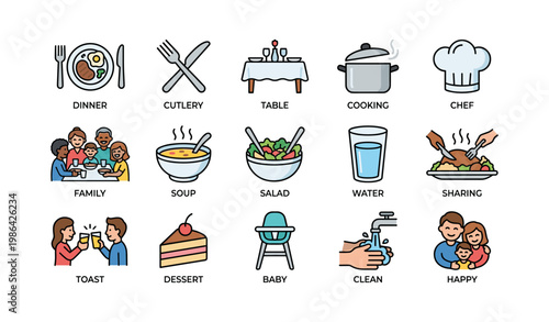 Collection of dining and family icons featuring food, cooking, and togetherness themes