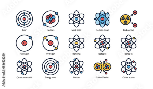 Illustrated diagram of atomic structures and concepts in physics and chemistry