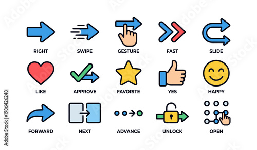 Colorful set of navigation and interaction icons with arrows and symbols