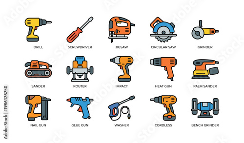 Collection of various power tools with colorful icons and labels