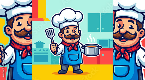 Cheerful cartoon chef character preparing food in a kitchen holding a spatula and cooking pot wearing a chef's hat and apron illustration
