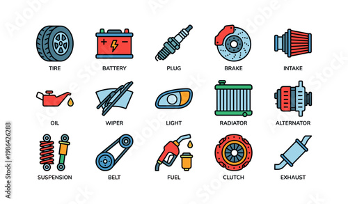 Automotive parts icons: tire, battery, spark plug, brake, oil, radiator
