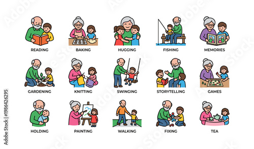 Illustrated family activities: grandparents and children engaging in fun and creative tasks