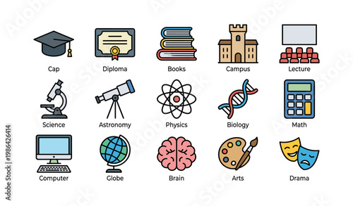 Educational icons: cap, diploma, books, globe, arts, science, drama, astronomy, biology, math