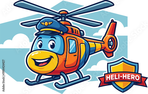 Cheerful cartoon helicopter pilot character with a friendly smile in vibrant orange and blue ready for a heroic adventure