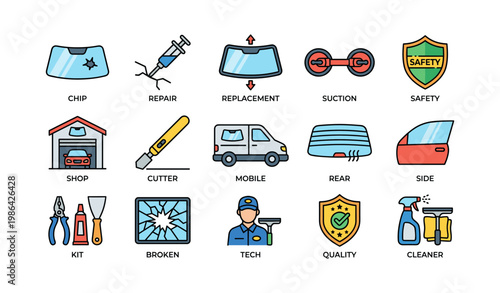 Windshield repair icons: chip, replacement, safety, mobile service