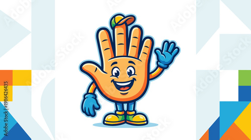 Cheerful cartoon hand character waving hello with a friendly smile wearing yellow shoes and a green and yellow cap isolated on white