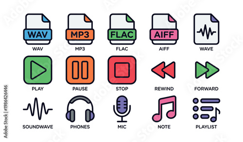 Audio file formats and media control icons in colorful design