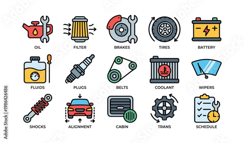 Automobile maintenance icons: oil, brakes, tires, battery, and more