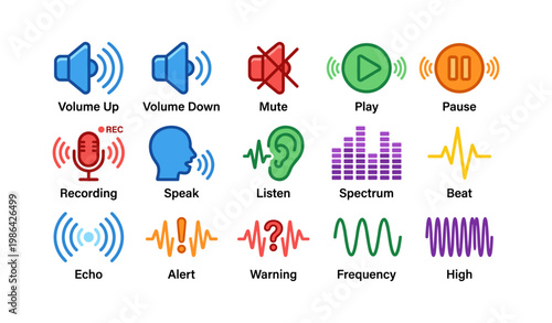Audio icons: volume, mute, play, pause, recording, spectrum, frequency, echo, alert, warning