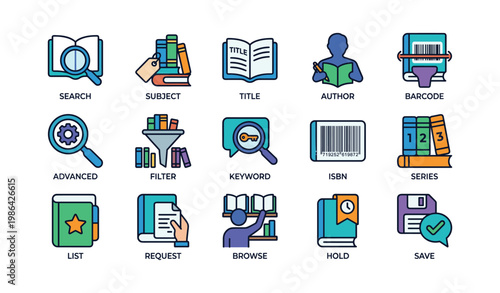 Library icons: search, isbn, author, series, catalog access tools