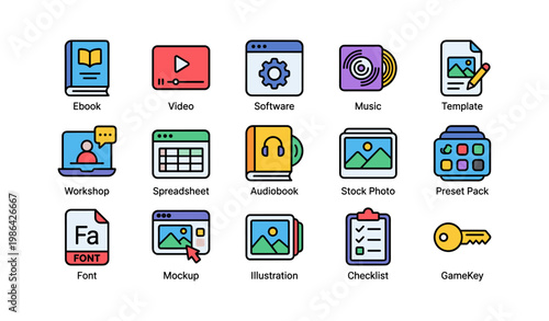 Colorful icon set featuring media, software, and productivity tools
