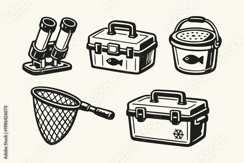 Fishing Gear Equipment Vector Icons Set