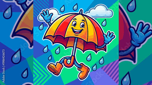 Cheerful cartoon umbrella character walking in the rain with cloud and raindrops in a colorful background vector illustration