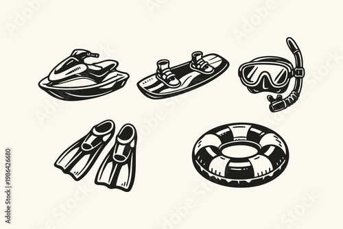 Vintage Style Water Sports Equipment Icons