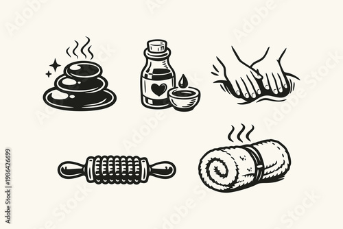 Vintage Spa and Massage Therapy Icon Set