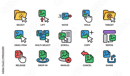 Colorful user interface icons for actions like select, move, and copy