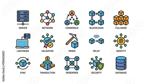 Blockchain technology icons: server, network, miner, security, database