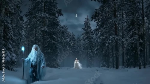 Cinematic Portrait of Ethereal Silver Woman and Winter Wizard