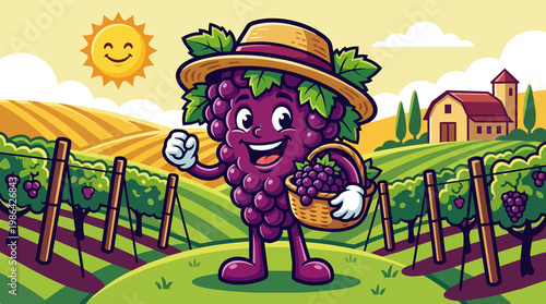 Cheerful grape mascot character with straw hat holding fruit basket in vineyard cartoon illustration with rural landscape and bright sun