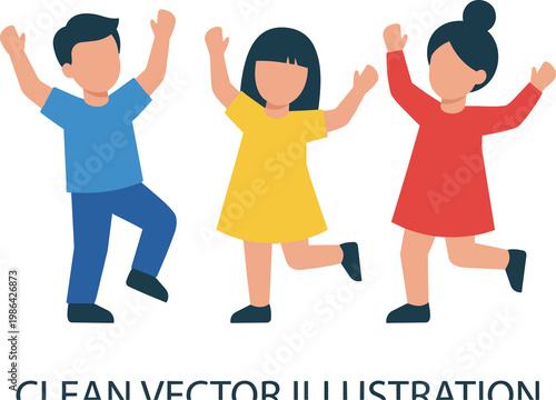 Cheerful kids jumping with joy simple vector art illustration happy childhood in colorful geometric shapes on white background