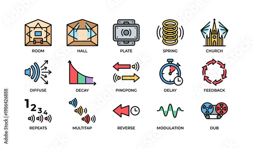 Colorful audio effects icons for music production and sound design