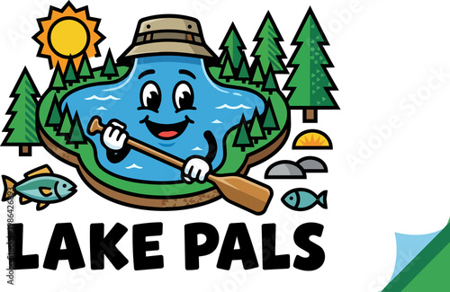Cheerful lake character wearing a hat paddles with a wooden oar in a scenic cartoon landscape illustration; lake pals and summer fun