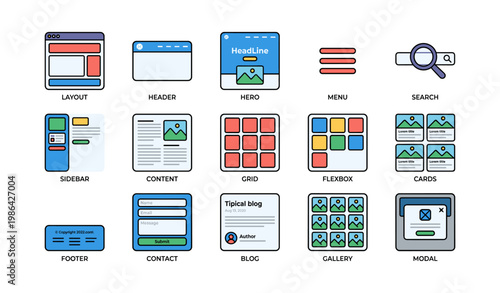 Web design elements: layout, header, hero, menu, search, sidebar, content, grid, flexbox, cards