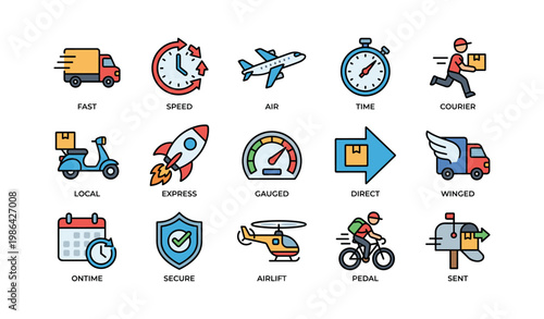 Fast delivery icons: courier, air, speed, secure, timely shipping graphics