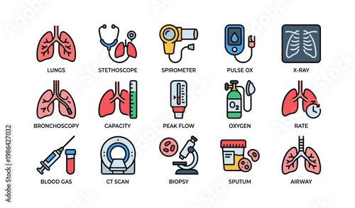 Medical equipment and tests: stethoscope, spirometer, x-ray, ct scan, microscope