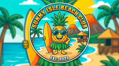 Cheerful pineapple character with surfboard standing on tropical beach illustration for Sunny Isle Beach Club vibrant cartoon style