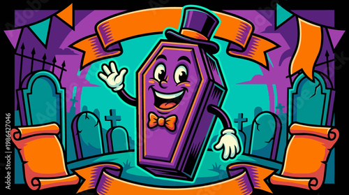 Cheerful purple coffin character with top hat waves in a graveyard scene vector illustration for Halloween design and party invitation cartoon style