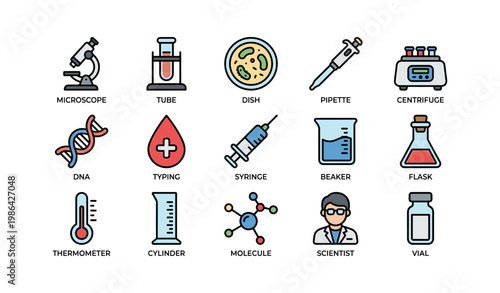 Colorful laboratory equipment icons including microscopes and test tubes