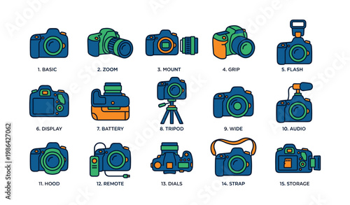 Illustrated camera equipment icons featuring various parts and accessories in vibrant colors