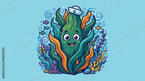 Cheerful seaweed cartoon character wearing a sailor hat surrounded by marine life and bubbles in a colorful whimsical illustration style