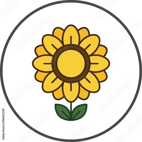 Cheerful sunflower illustration with golden petals round brown center and green leaves in a simple design on a black background