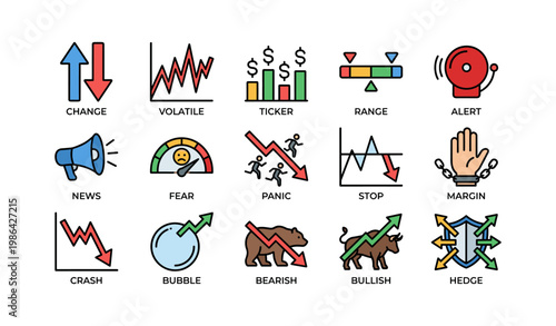 Financial market icons: volatility, bearish, bullish, panic, alert symbols