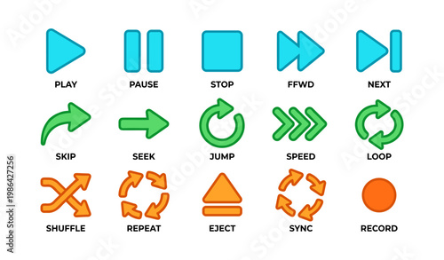 Colorful media control icons: play, pause, stop, fast forward, skip, shuffle