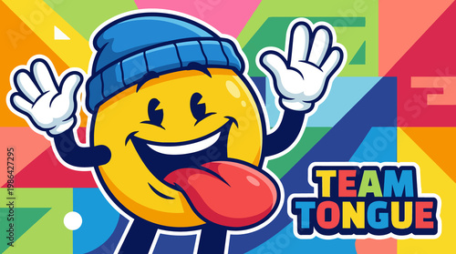 Cheerful yellow cartoon emoticon character with beanie outstretched arms and tongue set against a vibrant geometric background in vector style
