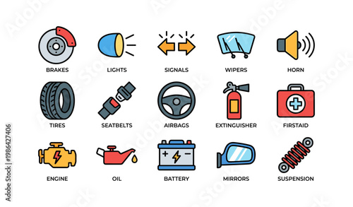 Colorful car part icons set: brakes, lights, signals, wipers, horn, and more