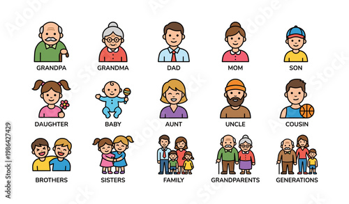 Family icon set with relatives including grandparents, parents, children, aunts, uncles, and cousins