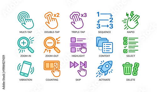 Colorful icon set illustrating touch gestures and interface actions